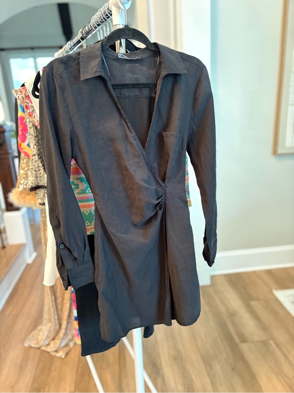 Zara Black Long-Sleeve Twist-Front Tunic Dress